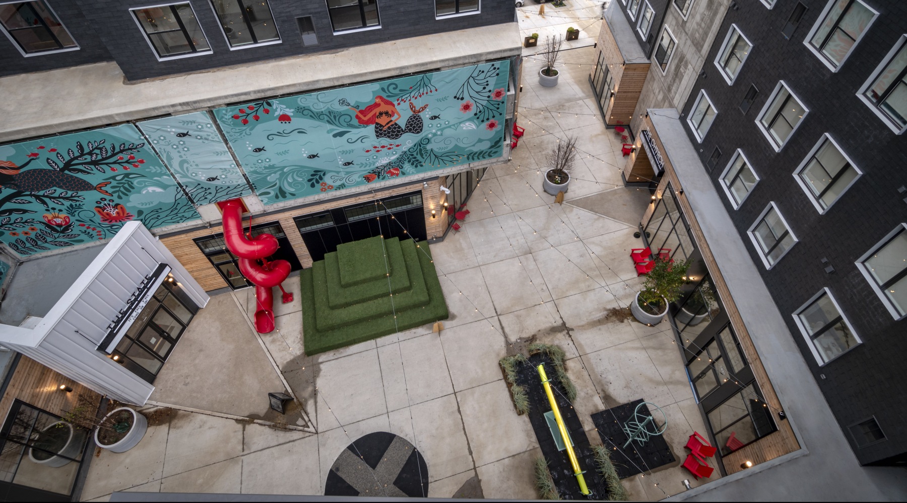 view from above of eccentric apartment building in Ohio City