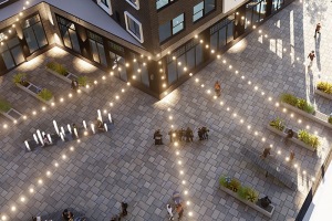 rendering of courtyard with string lighting
